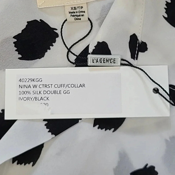 L'Agence Nina 100% Silk Black White Ivory Polka Dot Semi Sheer Blouse Top XS - Picture 11 of 12